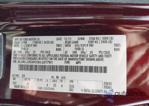 2016 Lincoln Mkc Reserve from USA, damaged, VIN 5LMCJ3D9XGUJ21781